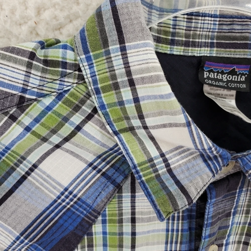 Patagonia Shirt Plaid Organic Cotton Green Blue White Button Up Mens M - Picture 11 of 13